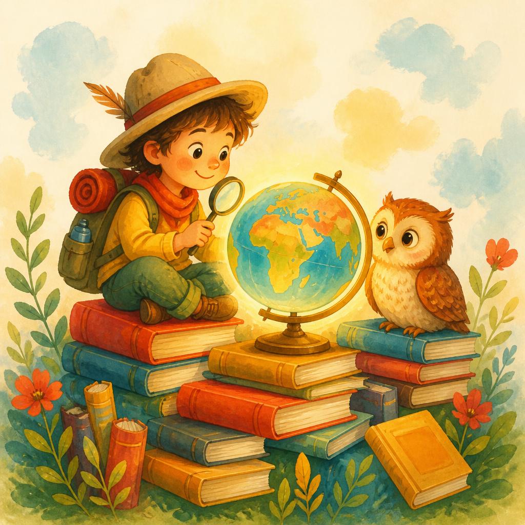 A young explorer and friendly owl discovering the world through books